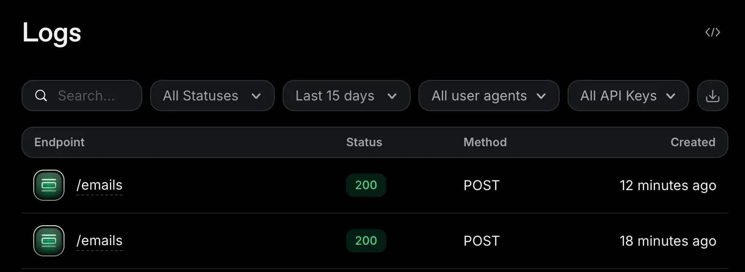 Resend ダッシュボードの Logs 画面。Gmail から送信したメールも API 経由で記録される