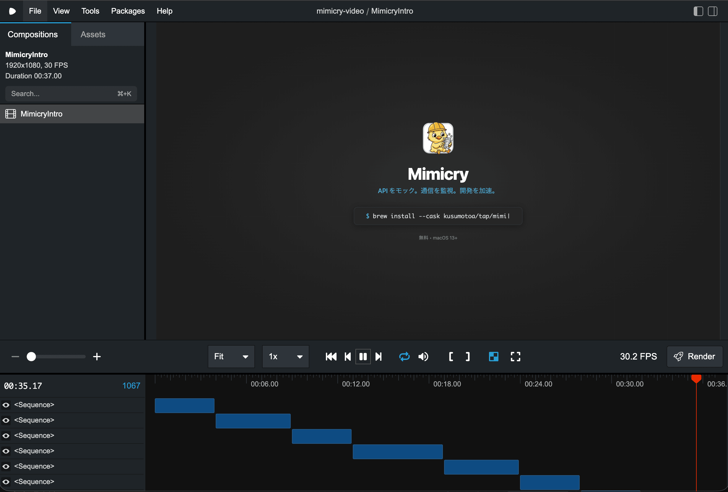 Remotion Studio のプレビュー画面。タイムライン上で各シーンの配置を確認しながら動画を編集できる