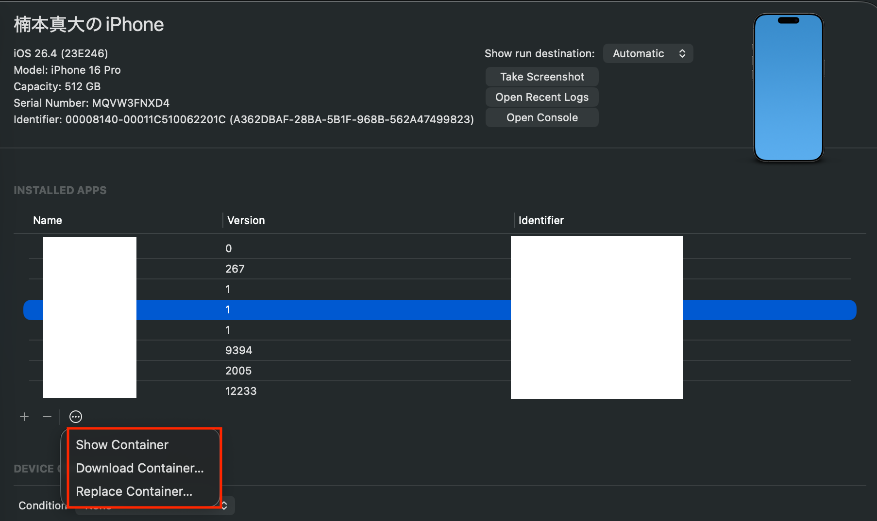 Devices and Simulators ウィンドウの Installed Apps から Download Container を選んでいる様子